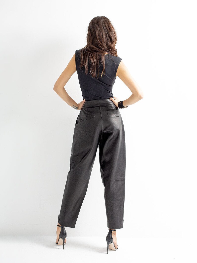 High waist leather pants, straight leg leather trouser | Genuine leather woman Spring fashion clothing image 4