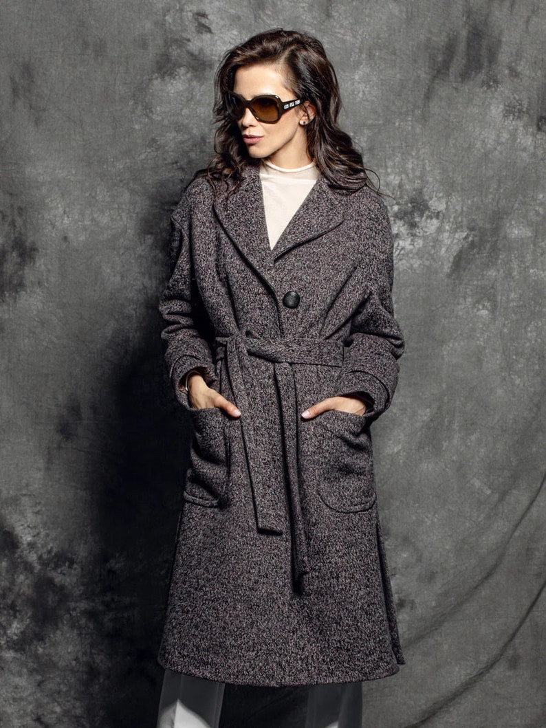 Cashmere and wool coat, grey long cashmere jacket, long wool coat, 100% wool long blazer with belt Genuine cashmere woman fashion clothing image 2