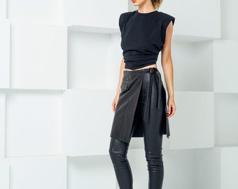 Leather leggings with skirt, genuine leather skirt pants | Genuine leather woman fashion clothing