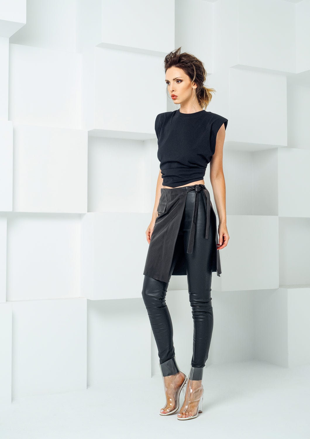 SATUR ■ (W) Piton leather skirt pants Leather Leggings With Skirt, Genuine Leather Skirt Pants