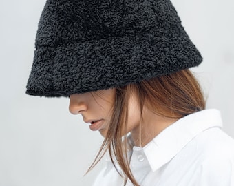 Sheepskin winter hat, woman bucket hat, fleece lined hat | Genuine leather woman fashion clothing