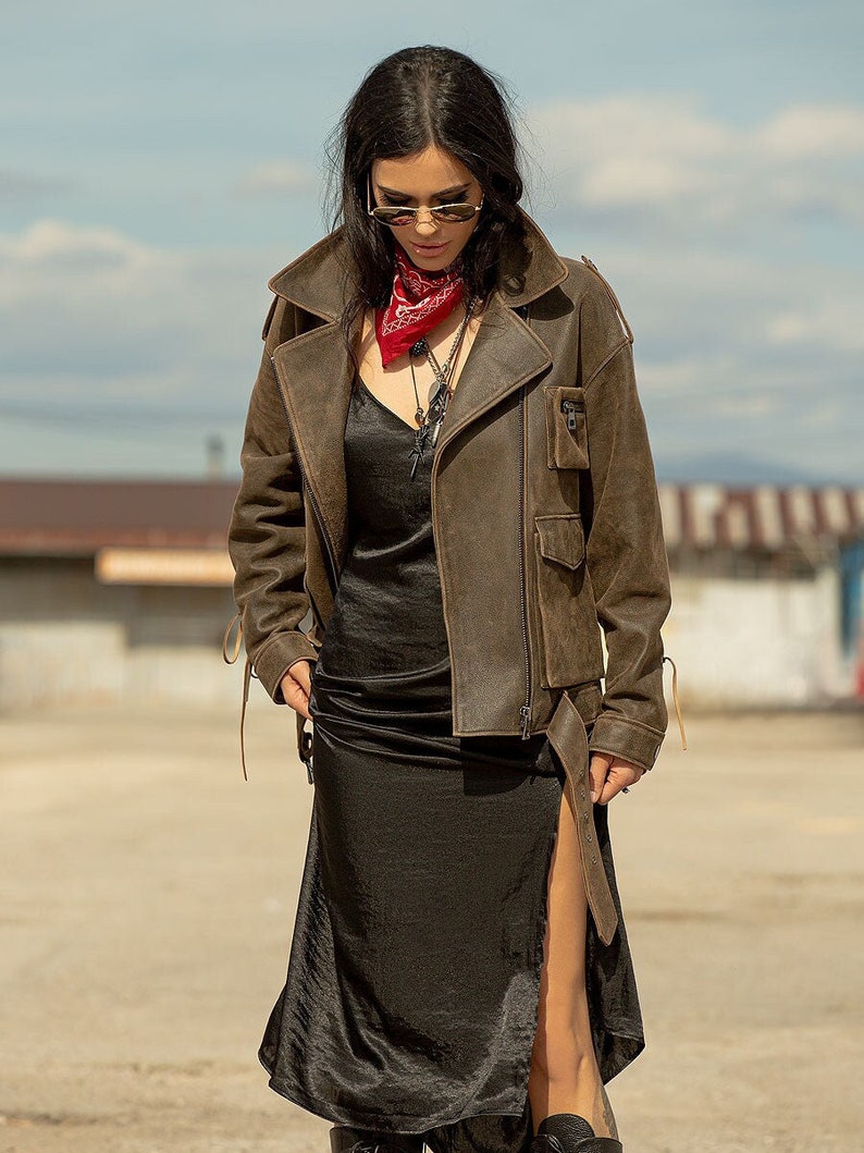 Vintage look leather jacket, nubuck leather jacket, rocker woman jacket Genuine leather woman designer clothing image 2