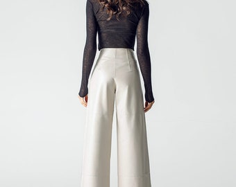 White leather pants, wide leg leather pants, leather palazzo trousers | Genuine leather woman fashion clothing