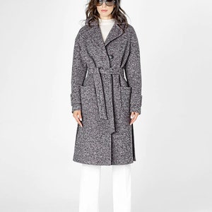 Cashmere and wool coat, grey long cashmere jacket, long wool coat, 100% wool long blazer with belt Genuine cashmere woman fashion clothing image 3