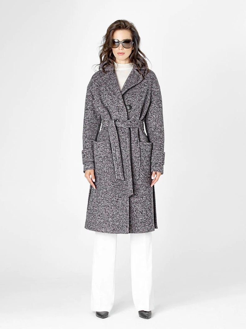 Cashmere and wool coat, grey long cashmere jacket, long wool coat, 100% wool long blazer with belt Genuine cashmere woman fashion clothing image 3