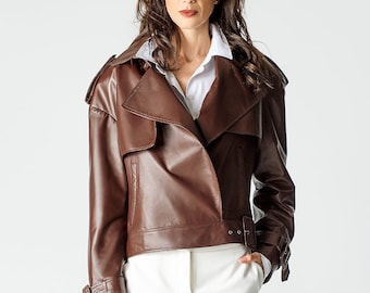 Brown leather jacket with lapels, cropped leather jacket for fall | Genuine leather woman fashion clothing