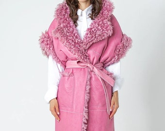 Gilet en fourrure rose, manteau en cuir sans manches, veste rose réversible, gilet chaud en fourrure de luxe avec ceinture | Vêtements mode femme en cuir véritable