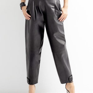 High waist leather pants, straight leg leather trouser | Genuine leather woman Spring fashion clothing image 2