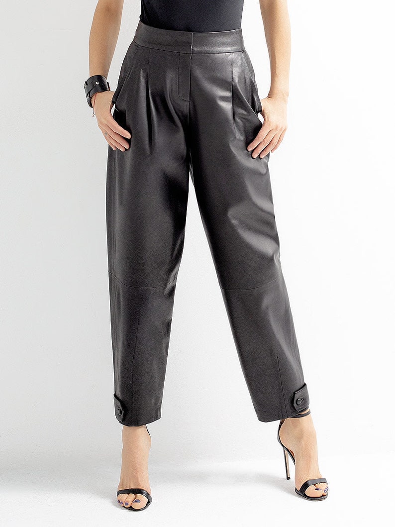 High waist leather pants, straight leg leather trouser | Genuine leather woman Spring fashion clothing image 2