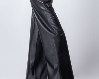 Leather palazzo pants, wide leg soft sheepskin pants, genuine leather pants | Genuine leather woman fashion clothing