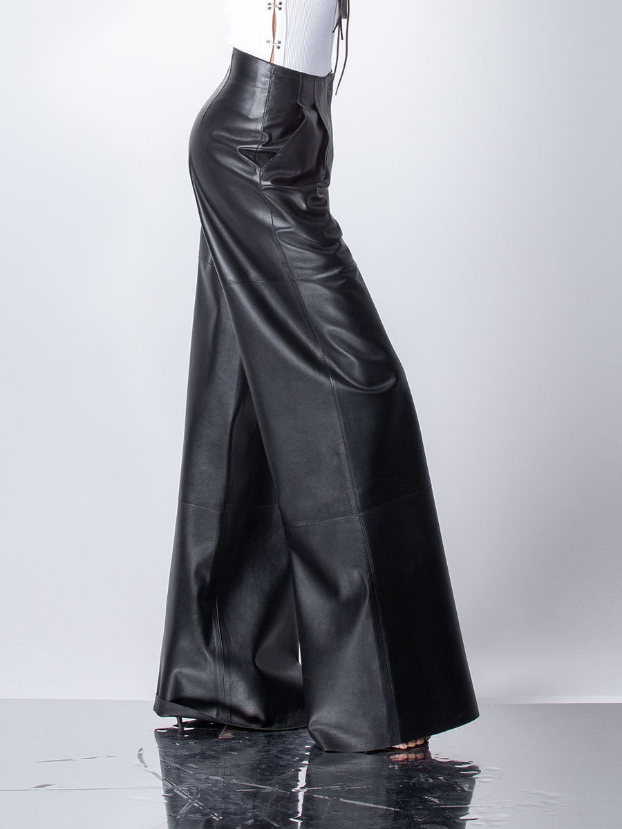 Leather Palazzo Pants, Wide Leg Soft Sheepskin Pants