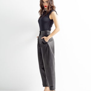 High waist leather pants, straight leg leather trouser | Genuine leather woman Spring fashion clothing image 1