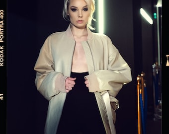Chaqueta bomber de cuero para mujer, chaqueta extragrande de cuero italiano premium con bandolera / Ropa de mujer de cuero italiano genuino