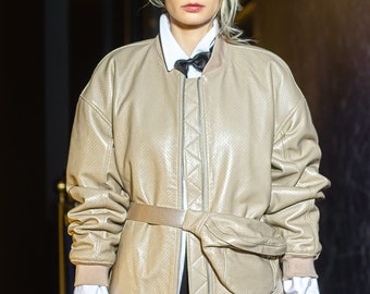 Chaqueta bomber de cuero para mujer, chaqueta extragrande de cuero italiano premium con bandolera / Ropa de mujer de cuero italiano genuino