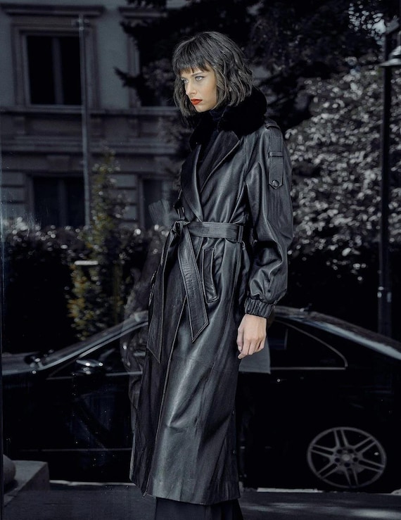 Luxury Black Leather Trench Coat Lamb-Napa Coat Women Belted Long Leather Winter Jacket Limited Edition Premium Italian Leather Fashion