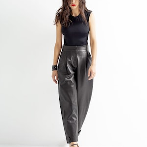 High waist leather pants, straight leg leather trouser | Genuine leather woman Spring fashion clothing image 3