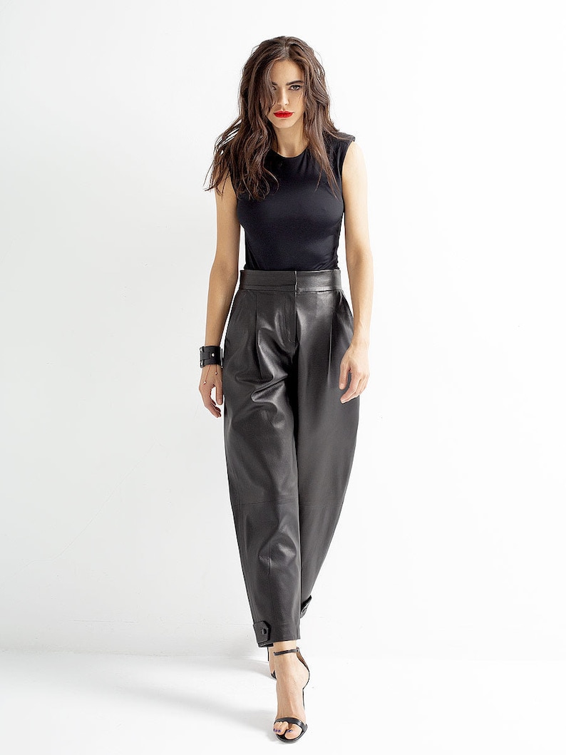 High waist leather pants, straight leg leather trouser | Genuine leather woman Spring fashion clothing image 3