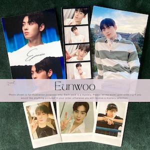 May include: A collection of photographs featuring a young man with black hair. The photos are printed on white paper and have a white border. The photos are arranged in a grid pattern. The text "Eunwoo" is written in black at the top of the image.