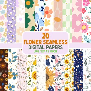 May include: 20 digital papers featuring floral patterns. The patterns include various flowers, leaves, and geometric designs in a variety of colors, including pink, blue, green, yellow, and white. The papers are 12 inches by 12 inches.