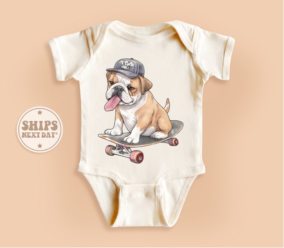 Skater Dog Baby Onesie®, Cute Bulldog Onesie®, Dog Skateboarding