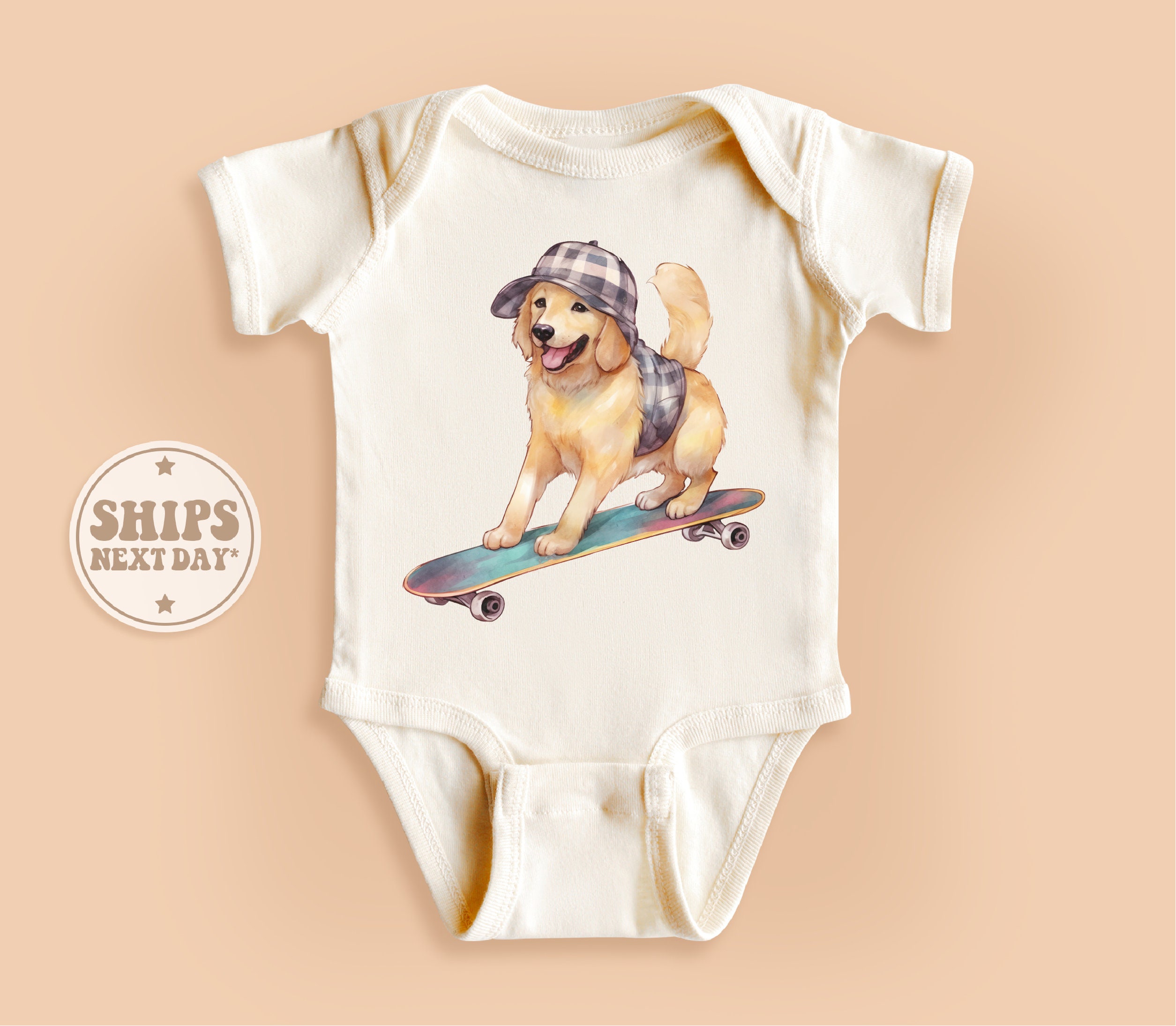 Golden Retriever Baby Onesie®, Skateboarding Dog Baby Bodysuit, Retro Natural Baby Gift #TLC02440