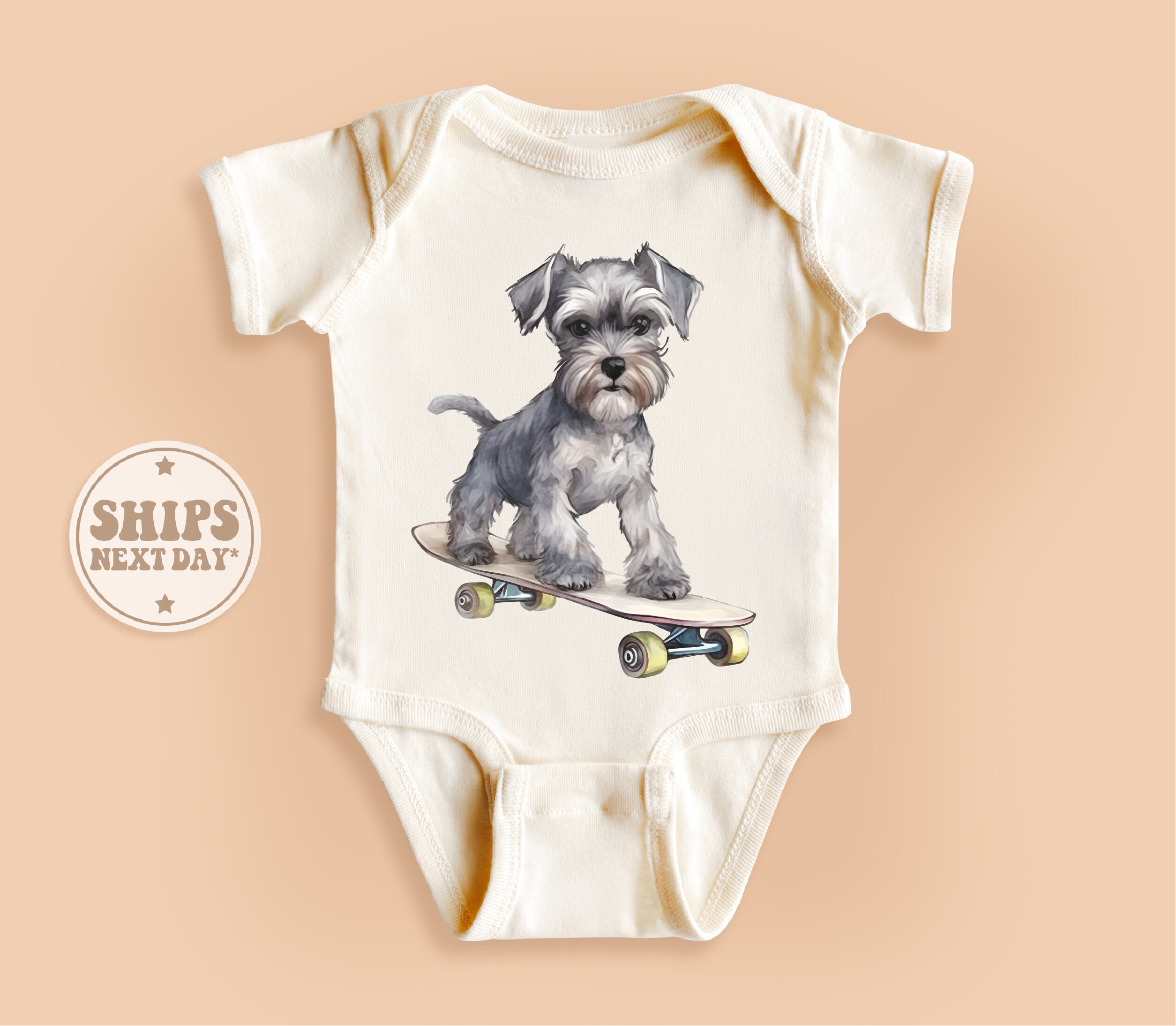 Skateboarding Dog Baby Bodysuit, Miniature Schnauzer Baby Onesie®, Retro Natural Baby Gift #TLC02443
