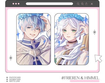 May include: A pink-framed photocard featuring two anime-style characters with blue and white hair, adorned with floral crowns. The text "#FRIEREN & HIMMEL" is displayed below the images. The card is double-sided and matte laminated, with the "Linlye Merch" logo at the top.