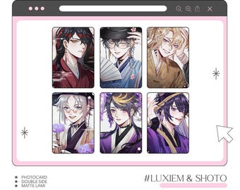 May include: A pink digital display featuring six anime-style character portraits. The portraits are in various colors, including red, blue, and purple. The text "#LUXIEM & SHOTO" is visible. The product is a photocard with a double-sided matte lamination.