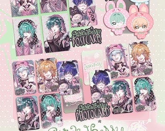 May include: A collection of anime-style character merchandise titled Linlye's Fanmerch Project and Strawberry Polka Club. The set includes illustrated postcards, photocards, and plushie-style stickers featuring characters in pastel outfits.
