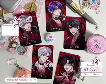 May include: A collection of character art cards featuring anime-style illustrations of male figures with various hair colors and outfits. Each card has a name, such as Xavier, Rafayel, Caleb, Sylus, and Zayne. The cards are arranged with a button that says "I LOVE SWEET".