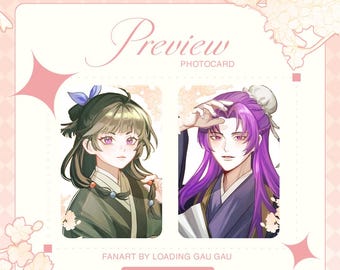May include: Preview photocard featuring two anime characters. The character on the left has long brown hair, purple eyes, and is wearing a green and blue outfit. The character on the right has long purple hair, pink eyes, and is wearing a purple and white outfit. The text "Preview Photocard" is at the top of the image. The text "Fanart by Loading Gau Gau" is at the bottom of the image.