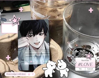 May include: A pink-themed aesthetic image featuring a digital art print of a male anime character. The image includes a coffee drink, a clear glass, and a reminder that says "#LOVE". The image also includes the text "from Linlye with love".