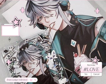 May include: An anime-style illustration featuring a character with silver hair and teal accents, holding a straw. The image includes a smaller duplicate of the character and text that reads "from Linlye with love" and "#LOVE". The background is pink.