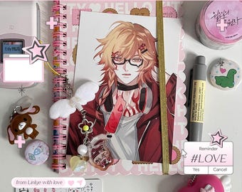 May include: A pink-themed flat lay featuring a notebook, a print of an anime character, and various accessories. Includes a pen, stickers, a keychain, and a reminder note with the hashtag #LOVE. The image has the text "from Linlye with love".