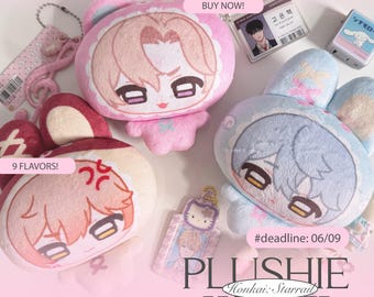 May include: A collection of plushies in pink, red, and blue, featuring anime-style character designs. The image includes keychains, a card, and text that reads "PLUSHIE PREORDER" and "9 FLAVORS!"