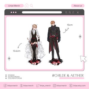Pode incluir: Duas figuras de personagens, com 13,6 cm e 15 cm de altura, são exibidas em um fundo rosa. As figuras apresentam figuras detalhadas em estilo anime com roupas pretas e vermelhas. O texto "#CHILDE & AETHER" é visível.