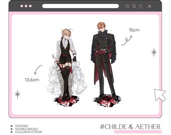 May include: Two character standees, 13.6 cm and 15 cm tall, are displayed on a pink background. The standees feature detailed anime-style figures in black and red outfits. The text "#CHILDE & AETHER" is visible.