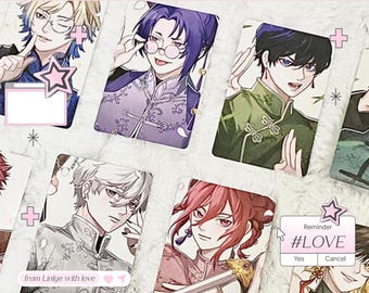 May include: A collection of anime-style character cards featuring various male figures in ornate clothing. The cards showcase different hairstyles and expressions, with a soft, pastel color palette. The text "from Linlye with love" is visible on one of the cards.
