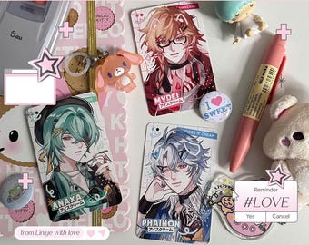 May include: A collection of anime-style character cards, a pink pen, and a small plush toy are arranged on a pink surface. The cards feature illustrations with Japanese text. A small, round pin with the text "I SWEET" is also visible. The text "from Linlye with love" is present.