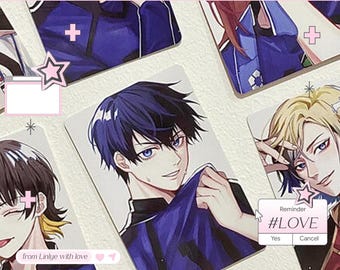 May include: A collection of anime-style character cards featuring various male figures with distinct hairstyles and expressions. The cards have a light background with pink accents and text, including social media handles and the word "LOVE".