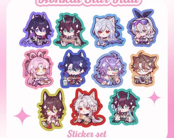 May include: A set of twelve colorful stickers featuring anime-style characters with various hairstyles and outfits. The stickers are outlined in black and have a white border. The text "Honkai Star Rail" and "Sticker set" are displayed on a pink background.