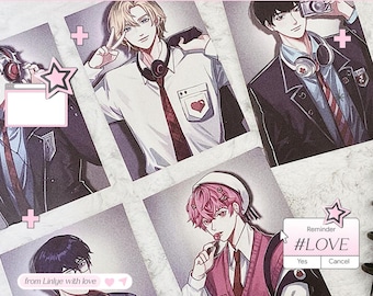 May include: A collage of anime-style illustrations of young men in various outfits. The images feature a white background with pink accents, including a browser-like frame. Text includes "#LOVE" and "from Linlye with love."