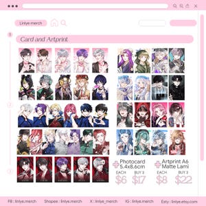 Op de afbeelding: Een roze webpagina toont kunstafdrukken en fotokaarten in anime-stijl. De afdrukken tonen mannelijke personages met diverse kapsels en outfits. Tekst op de pagina bevat "Card and Artprint", "Photocard 5.4x8.6cm", en "Artprint A6 Matte Lami".
