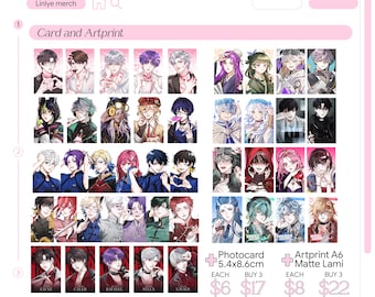 May include: A pink webpage displays a variety of anime-style art prints and photocards. The prints feature male characters with diverse hairstyles and outfits. Text on the page includes "Card and Artprint", "Photocard 5.4x8.6cm", and "Artprint A6 Matte Lami".