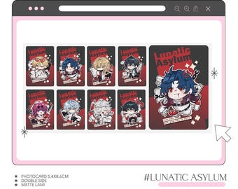 May include: A collection of double-sided matte laminated photocard sets, each 5.4 x 8.6 cm, featuring anime-style character illustrations with the text "Lunatic Asylum". The cards have a red, black, and white color scheme.