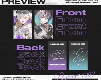 May include: Card preview graphic with anime-style character illustrations. The design features the words "CARD PREVIEW", "Front", "Back", and "Reverse 1999". The image includes text in a stylized font and a dark background.