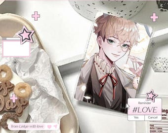 May include: A pink-themed aesthetic image featuring a portrait of an anime character with glasses. The image includes a reminder with the hashtag #LOVE, along with the text "from Linlye with love" and social media handles. The background has a web browser design.