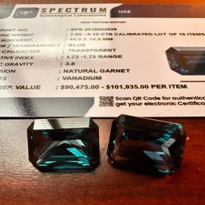 May include: Two blue-green natural garnet gemstones with a rectangular cut are displayed. The gemstones are next to a gem testing report that lists the colour as blue and the measurement as 1.0 x 1.4 cm.