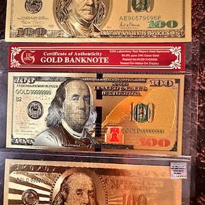 3 CoA Certified 15 Gram Fine 999 Gold 24K Ingot 100 Banknote Franklin Ingot Bar