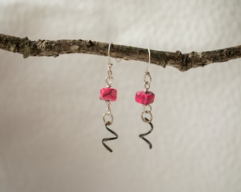 Rustic Sterling Silver Earrings: Pink Beads, Drill Press Shavings
